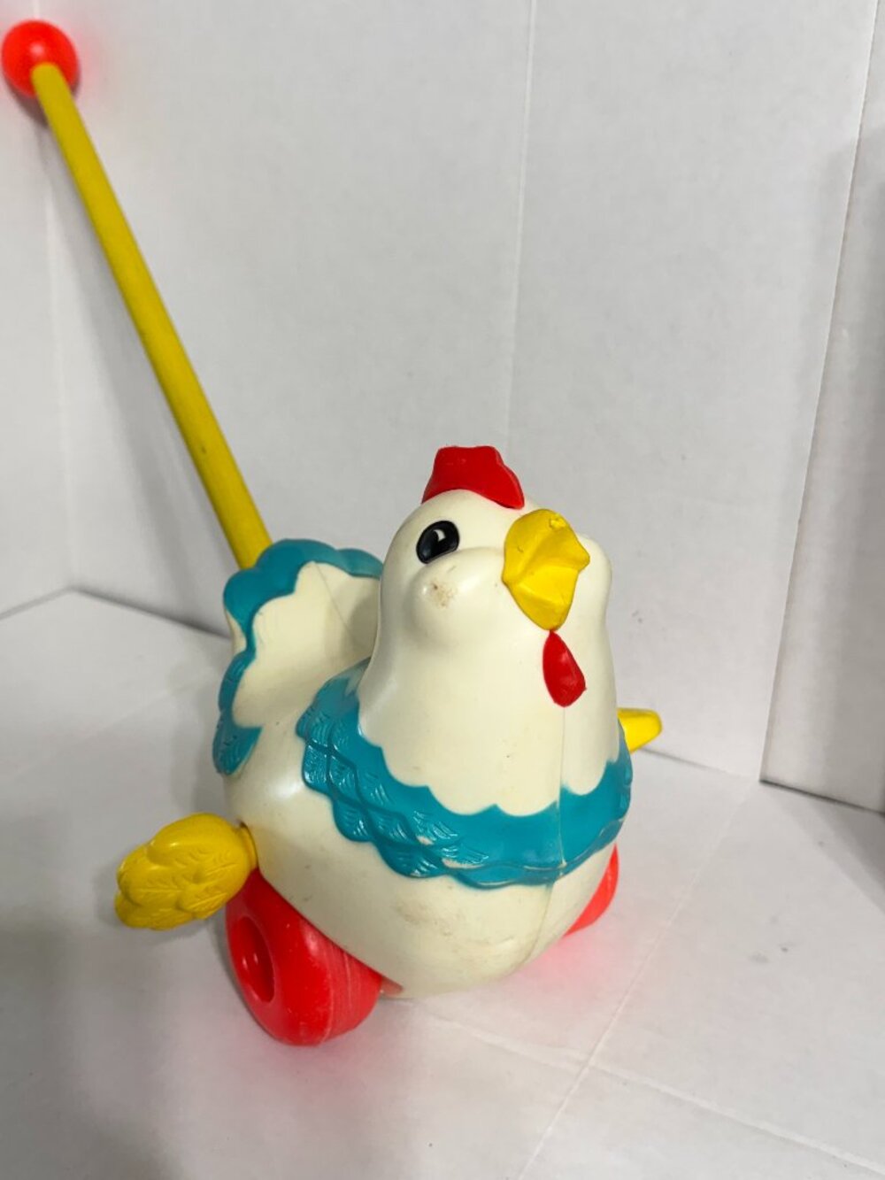 Vintage Fisher Price Old Chicken Push Toy TESTED Works Clucks When Pushed Retro